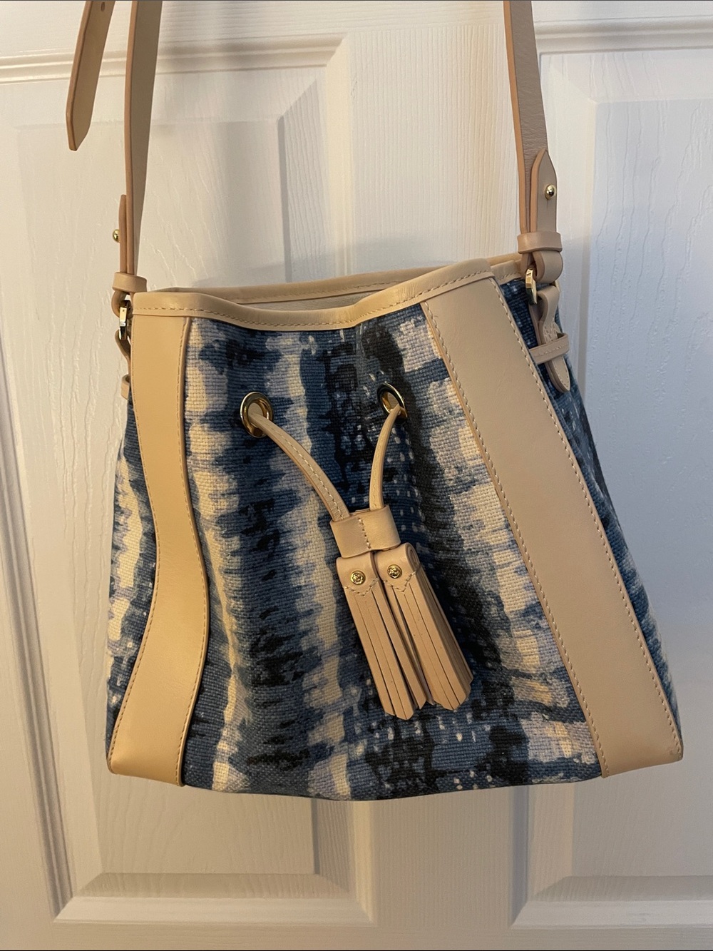 Spartina Beige and Blue Linen and Leather Bucket Bag